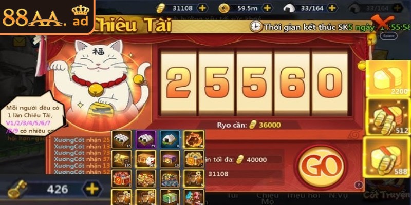 Mèo chiêu tài 88AA – Biểu tượng may mắn mang đến tài lộc 2 Số lượt quay miễn phí, đi kèm hệ số nhân thưởng cao